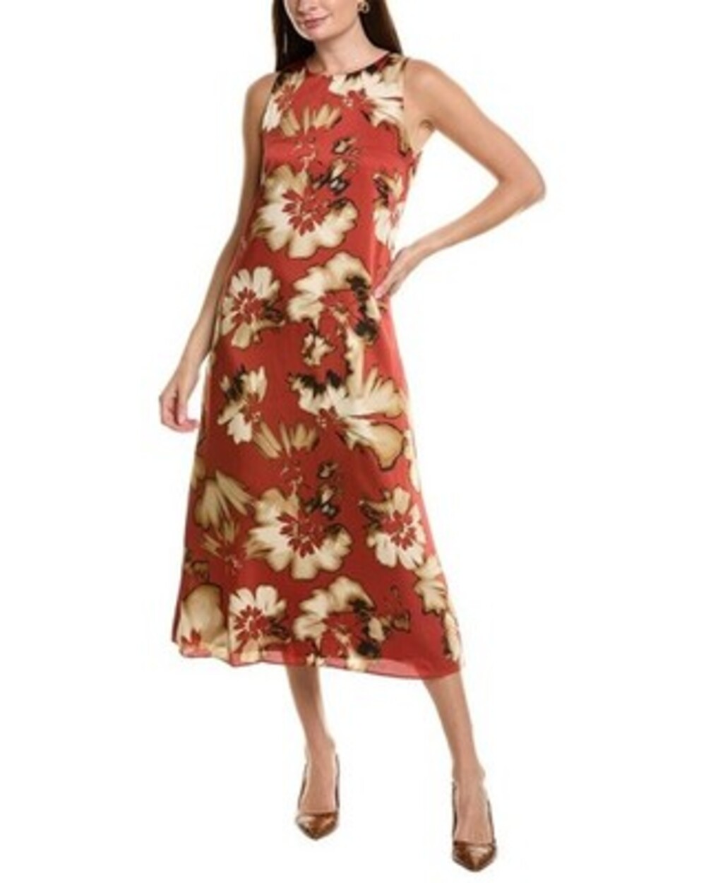 Anne Klein Printed Sleeveless Midi Dress Womens 16 Spiced Berry Multi Hook & Eye